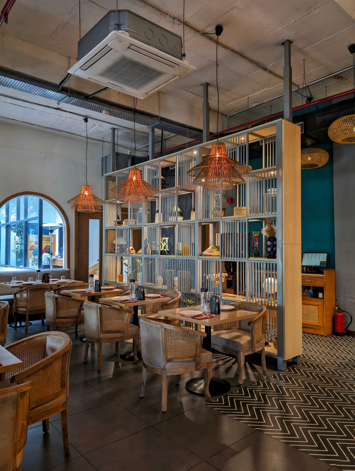 A modern upscale Indian restaurant interior